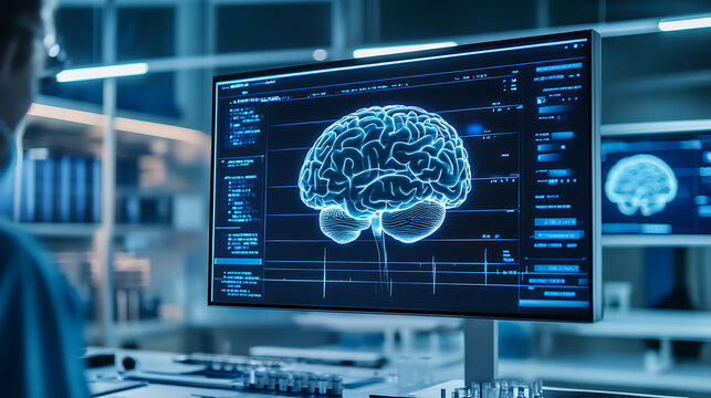 A cutting edge AI driven brain computer interface lab, researchers testing neural implants for direct human-machine interaction, Neurotech style
