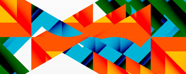 Bright geometric shapes create abstract composition. Vivid colors, sharp angles, dynamic pattern. Modern design, digital art, vibrant aesthetic.