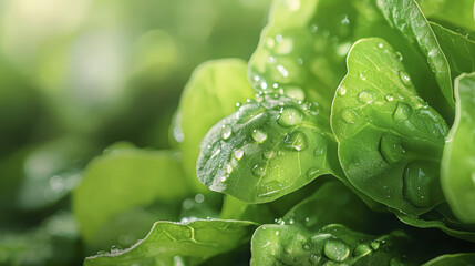 Fresh green leaves glistening with dewdrops, showcasing nature beauty