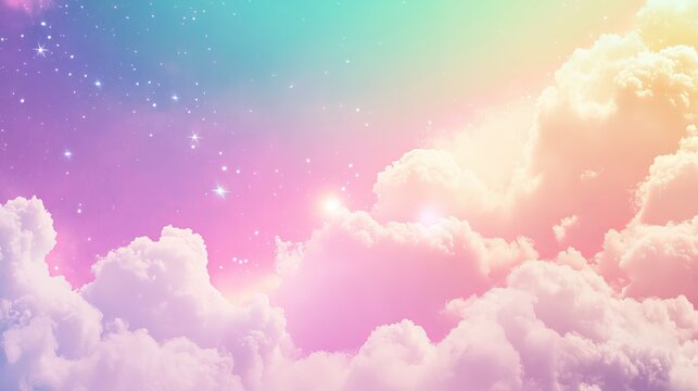 Breathtaking pastel unicorn background with sparkling stars, a vibrant rainbow, and dreamy pink sky, featuring a whimsical unicorn resting on a fluffy cloud in a fairy-like fantasy scene.