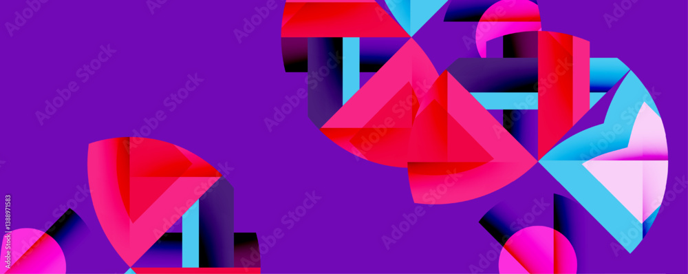 Poster abstract geometric shapes, vibrant colors, purple background. overlapping forms create dynamic compo
