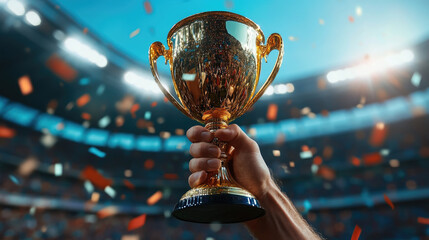 The golden Champions Cup held high in male hands against a stadium grandstand background, with falling confetti and team celebration. Concept of victory, triumph,sports competition. Banner, copy space