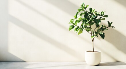 A small leafy plant sitting in a white ceramic pot