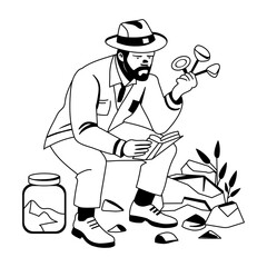 A glyph style illustration of professional geologist taking sample of soil 
