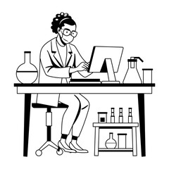 Female scientist working on a computer, glyph style illustration 
