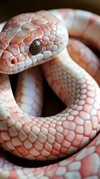 Beautiful albino snake coiled gracefully showcasing intricate patterns and vibrant colors during a serene moment in nature