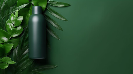 Cream jar, moisturizing lotion, shampoo or other cosmetic product in white blank bottle green background. Top view. Vegan eco friendly.