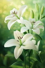 Fototapeta premium Several beautiful white lilies are featured with green leaves and stems