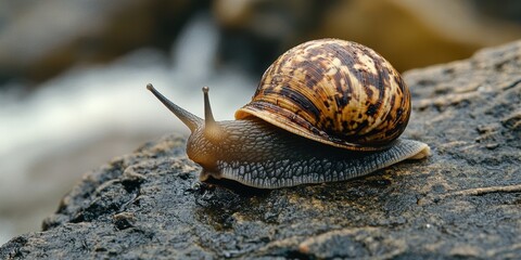 Close-up of snail on wet rock in natural habitat