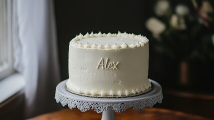 National Alex Day Elegant white frosted cake with name decoration on cake stand