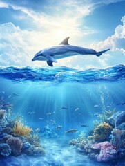 Fototapeta premium Dolphin Jumping Above Ocean Surface with Underwater Coral Reef View