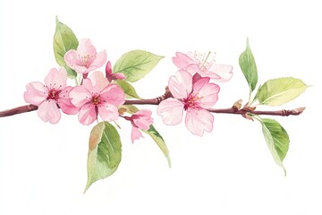 A Delicate Watercolor Painting of Pink Blossoms and Green Leaves