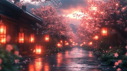 Cherry Blossom Lane with Night, and Japan.
