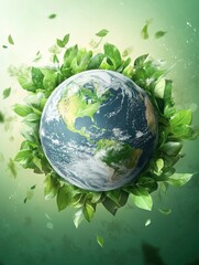 Earth with Green Leaves Surrounding the Planet Depicting Environmental Awareness