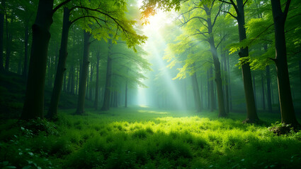 Obraz premium Capture expansive lush green forests in high resolution with dynamic natural lighting refined foliage details and sophisticated ecosystem imagery that evoke serenity environmental harmony and refined 