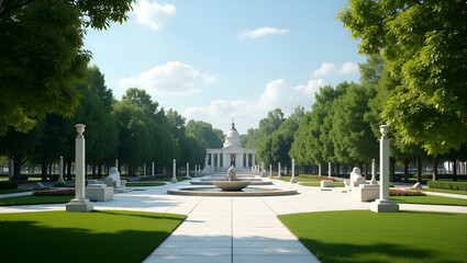 Fototapeta premium Explore refined scenic imagery of veterans' memorial parks, showcasing solemn monuments and landscaped pathways for public commemoration.
