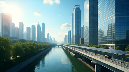 Naklejka premium State of art sustainable urban energy systems combine innovative renewable technologies with smart infrastructure to achieve optimal citywide efficiency and resilience in Photo Stock Concept and em