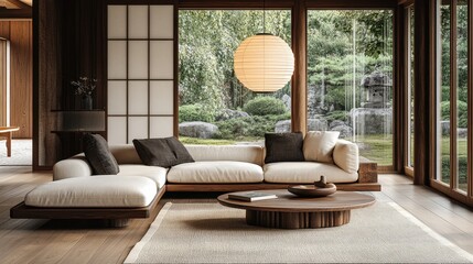 Modern japanese-inspired living room with large windows and garden view