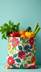 Colorful reusable shopping bag filled with fresh groceries and vibrant floral patterns, patterns, bag, shopping