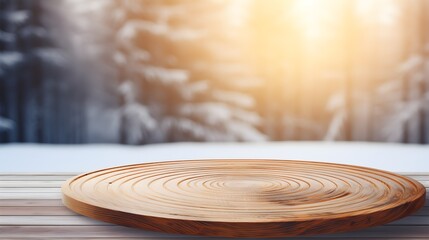 Obraz premium Wooden Round Tabletop Mockup with Blurred Winter Forest Background