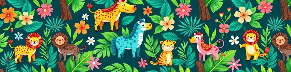 Colorful seamless pattern with cute jungle animals, tropical flowers, and lush trees, vector, flowers