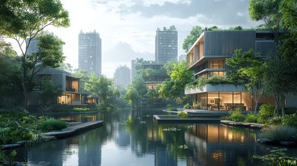 Obraz premium Modern sustainable urban architecture in lush greenery with water reflections