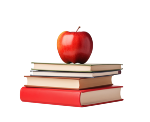 A stack of books with a red apple on top against a in a studio shot view on transparent background