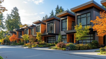 Fototapeta premium Modern townhouses in suburban neighborhood with autumn foliage