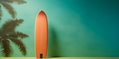 Fototapeta premium Orange Surfboard with Palm Tree Silhouette on Teal Green Background