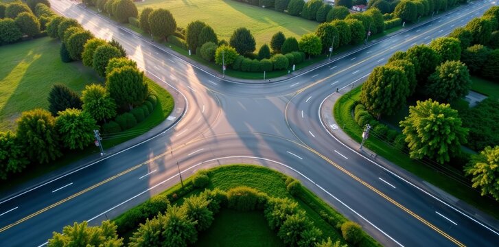 High angle shot of large intersection with curved road, busy, drone