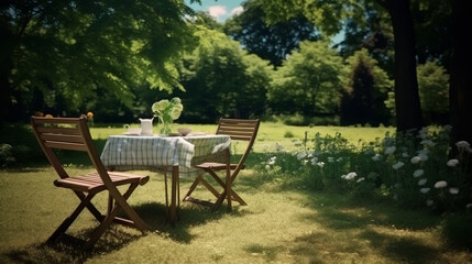 Fototapeta premium Wooden chairs in the outside garden