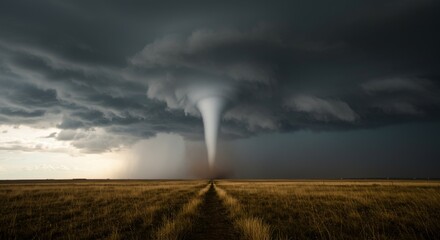 A massive tornado touching down over a desolate grassy field