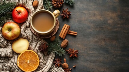 Cozy Winter Drink with Apples Oranges Cinnamon Star Anise on Rustic Background