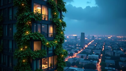 Illuminated bioluminescent vines crawling on modern skyscraper, building, green