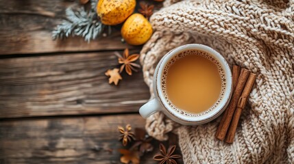 Warm Autumn Coffee Mug on Knit Blanket with Cinnamon Sticks and Star Anise