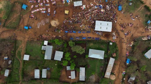 Kako Tribal Market Day In The Lower Omo Valley, Ethiopia. Aerial Topdown Shot