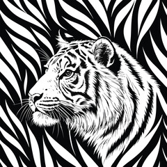 Seamless Tiger Stripe Pattern with Tiger Head Illustration in Center – Black and White Vector