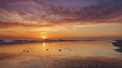 Obraz premium Sunset over the beach and sea with calm waves and a vibrant sky