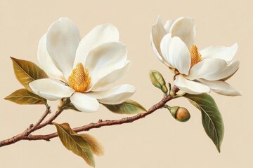 Obraz premium Elegant magnolia blossom art piece with detailed petals and branch on a serene beige background capturing botanical beauty and vintage charm
