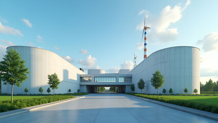 Fototapeta premium State of art facility specializing in carbon neutral energy production integrating renewable power technologies and advanced emission reduction systems for environmental sustainability in Photo Stock