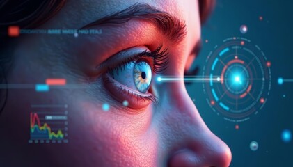 Illustration of person's eye with digital overlay showing augmented reality tech, hologram, data