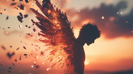 Silhouette of Icarus with burning wings disintegrating at sunset