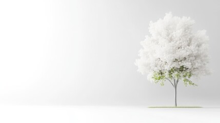 Obraz premium A small tree with white and green leaves stands alone against a stark white background. The image is simple, minimalist, and features soft lighting. Its high-quality, with a calm, serene mood. The co
