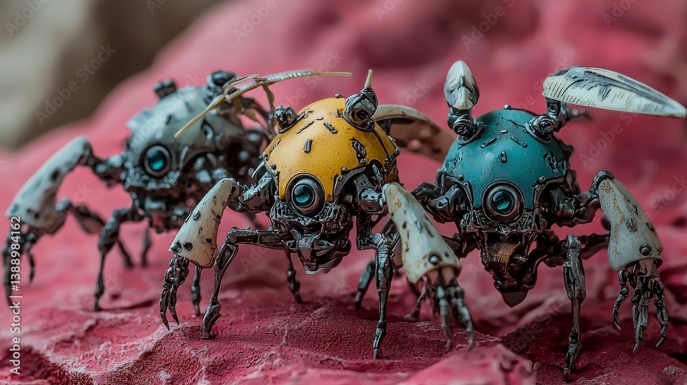 Poster innovative robotic creatures futuristic laboratory digital art sci-fi environment close up view tech