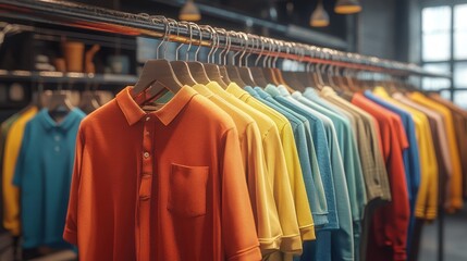 Obraz premium Colorful polo shirts neatly displayed in a modern clothing store