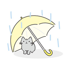 梅雨の雨を傘の下で雨宿りする猫イラスト