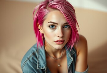 Naklejka premium Natural light portrait of a young woman with pink hair and piercings