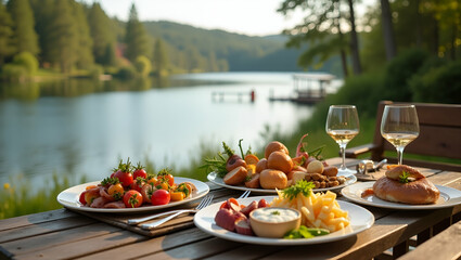 Capture elegant lake and river picnics with gourmet selections and scenic views, epitomizing refined outdoor dining for upscale gatherings.