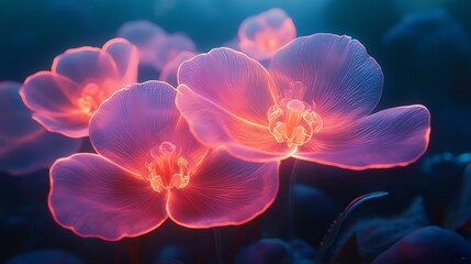 Vibrant glowing pink flowers in dark setting.