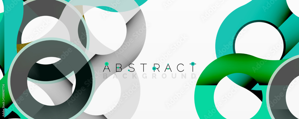 Poster Abstract design features overlapping circles, green, gray, white. Modern aesthetic, dynamic composition, clean lines, simple shapes. Minimalist style.